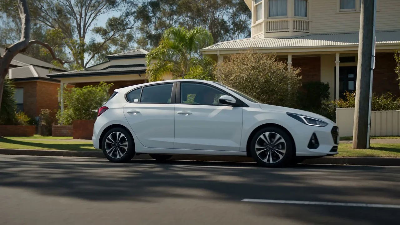 A white training hatchback parked kerbside on a quiet Springwood street, before a lesson starts