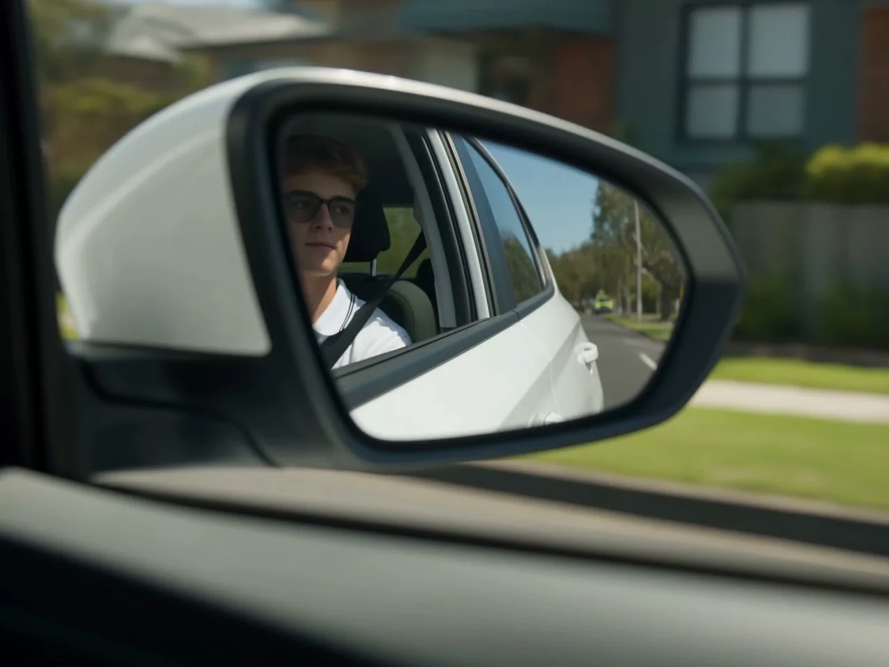 A learner’s side mirror, reflecting the street and the car behind, mid mirror check