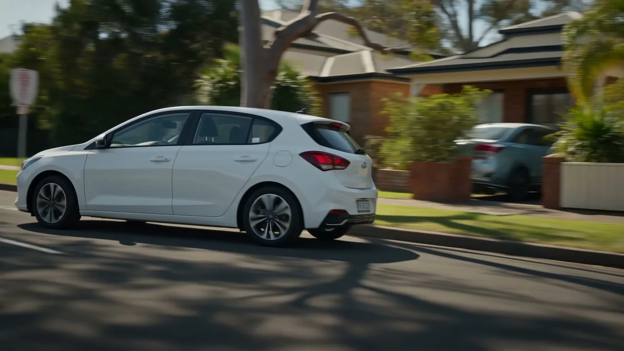 The training car pulling away from the kerb and joining a quiet residential street