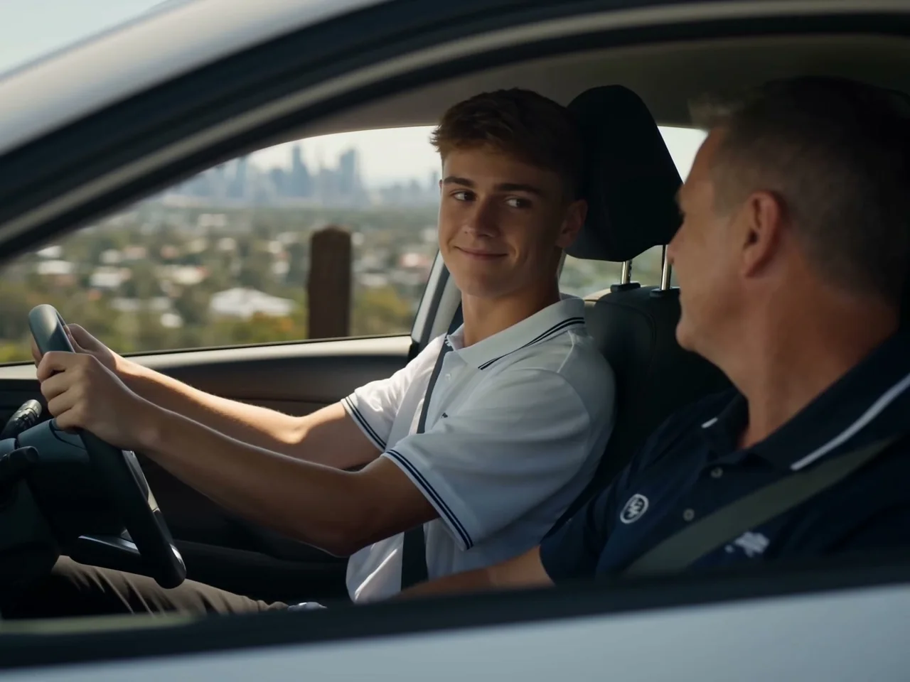 A learner and instructor mid conversation at the lookout, the Brisbane skyline behind them